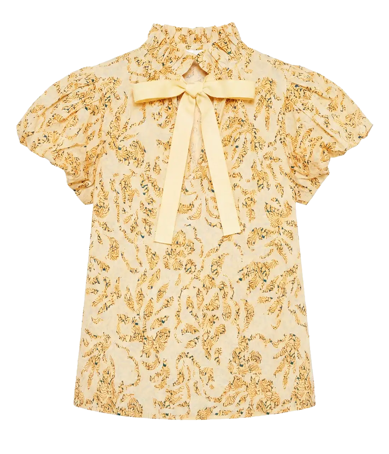 A short-sleeve blouse with a high collar, ruffled sleeves, and a large bow at the neckline, featuring an all-over yellow and green botanical print on a light cream background.