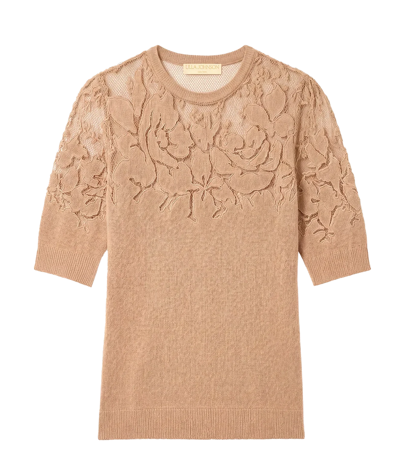 Ulla Johnson Ella Short Sleeve Lace Top in Almond front product view