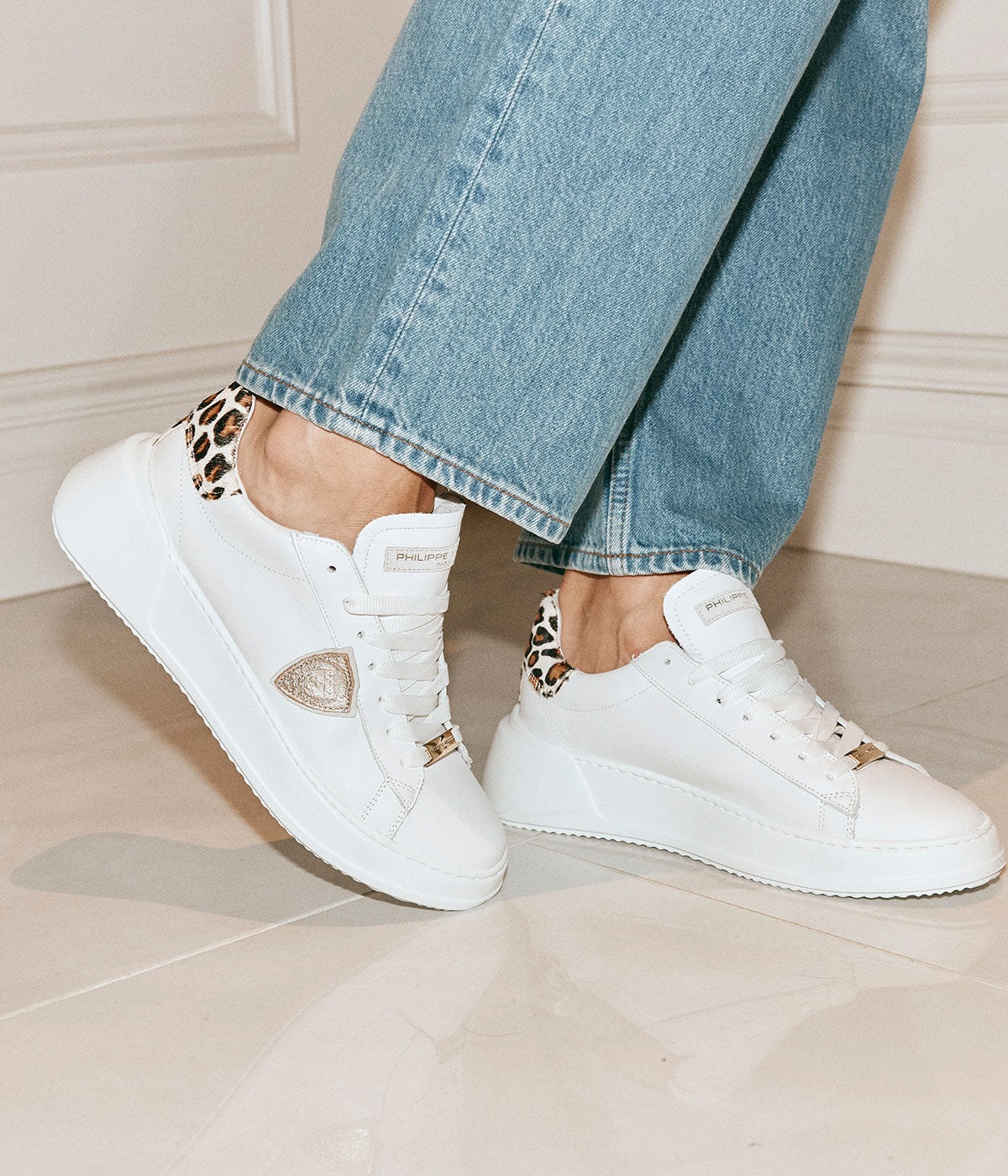 Tres Temple Low Woman in Veau Animalier Blanc Beige