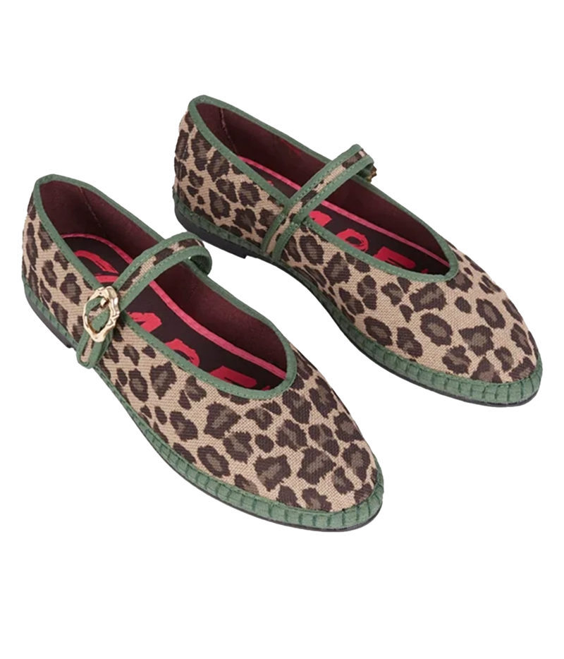 Pair of Flabelus Pierre in Leopard Green angled from the front, showing the V-cut vamp, tonal buckle straps and printed custom insole