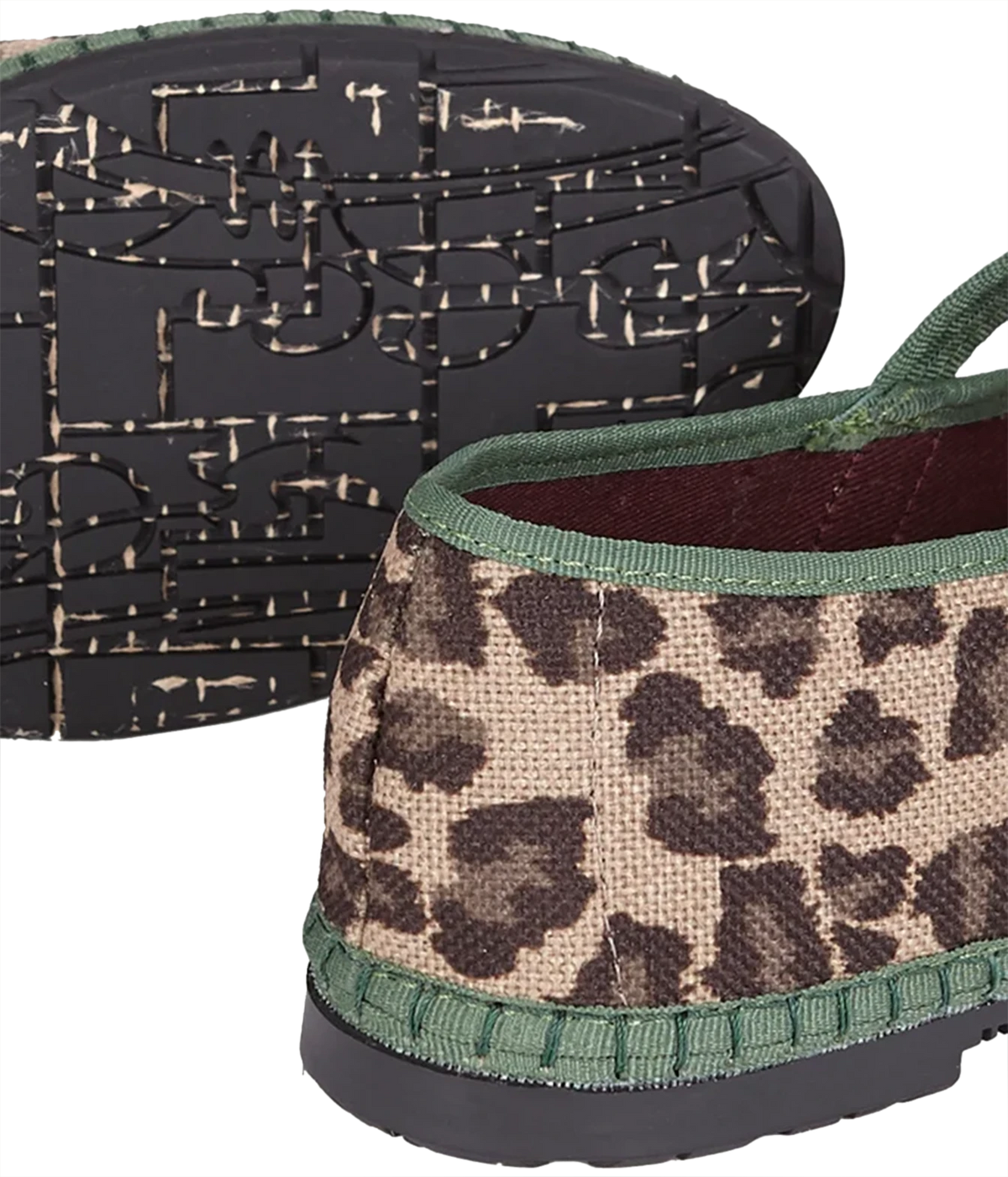 Close-up of the Flabelus Pierre in Leopard Green showing the textured animal print linen heel, green trim and patterned recycled rubber sole