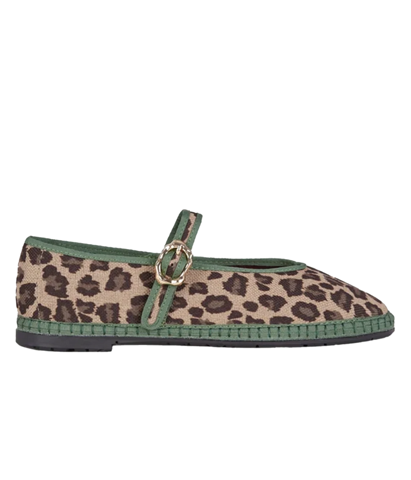 Side profile of the Flabelus Pierre in Leopard Green, showing the textured animal print linen upper, green trim and tonal buckle strap across the instep