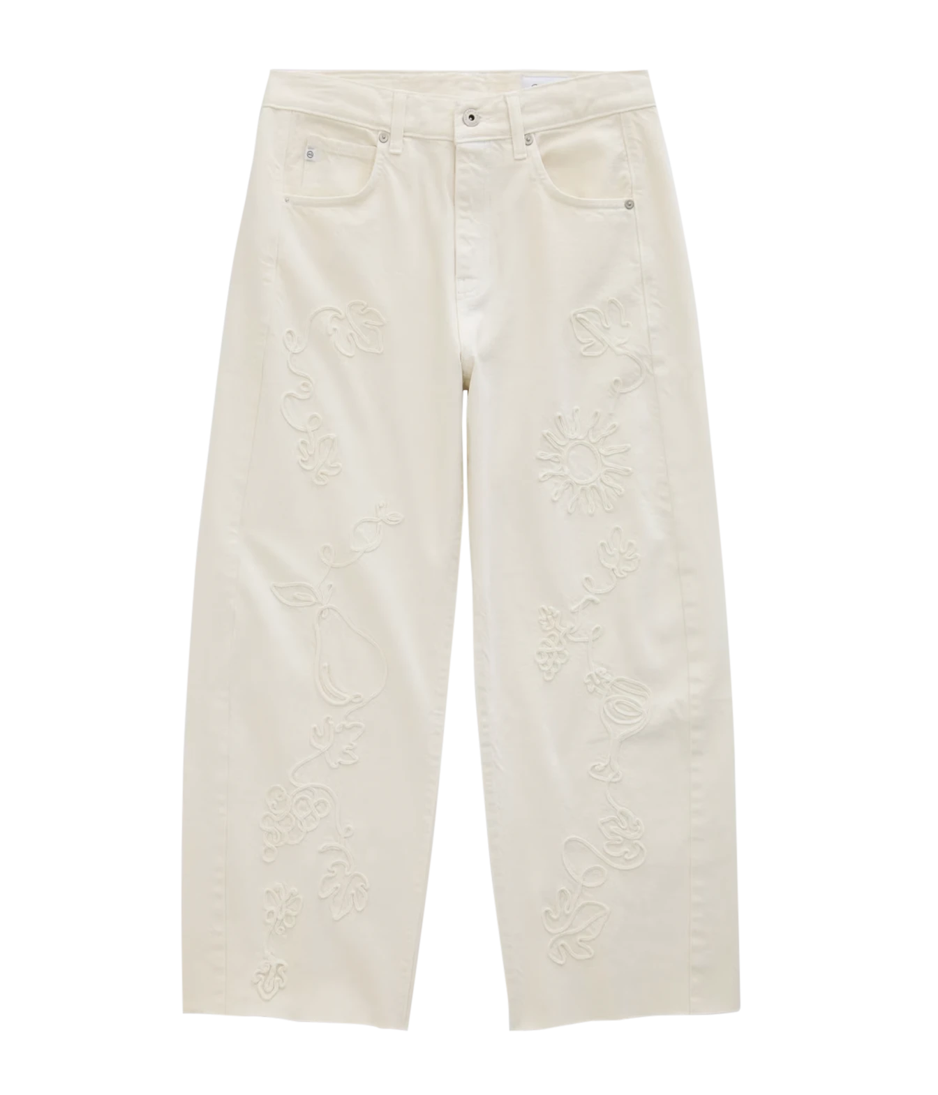 Off-white denim jeans with tonal floral and leaf embroidery running down the front of each leg, shown flat on a white background.