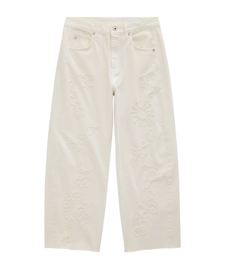 Off-white denim jeans with tonal floral and leaf embroidery running down the front of each leg, shown flat on a white background.