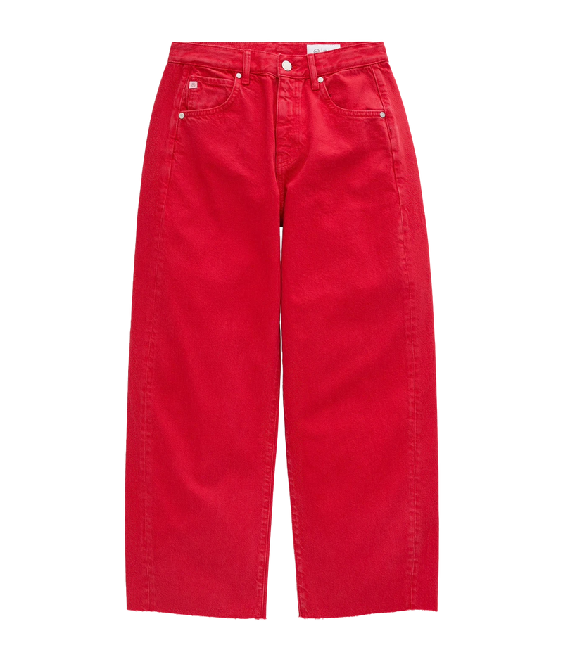 AG Hattie Crop in Recording Red laid flat, showing the high-rise waist, five-pocket design, curved barrel legs and raw cropped hems