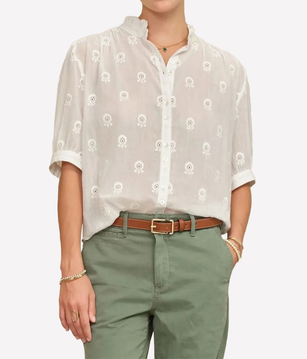 Model wearing the M.A.B.E Frani Embroidered Short Sleeve Top in White – front view