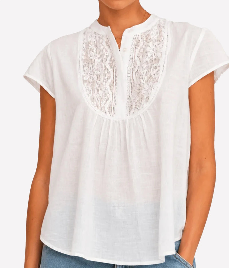 M.A.B.E Freya Short Sleeve Top in White – close-up of lace yoke on model