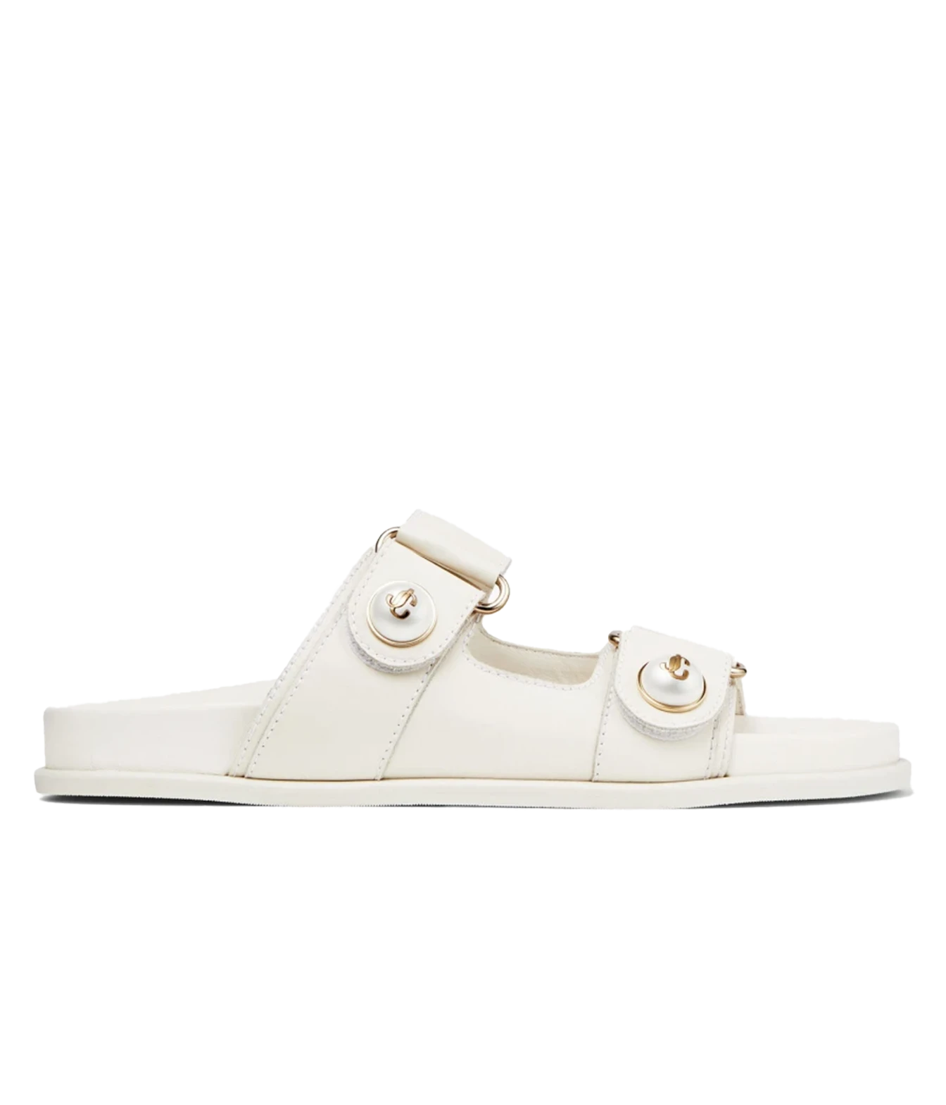 A single off-white leather slide sandal with two adjustable straps and circular gold-tone hardware, shown in a side profile on a solid white background.