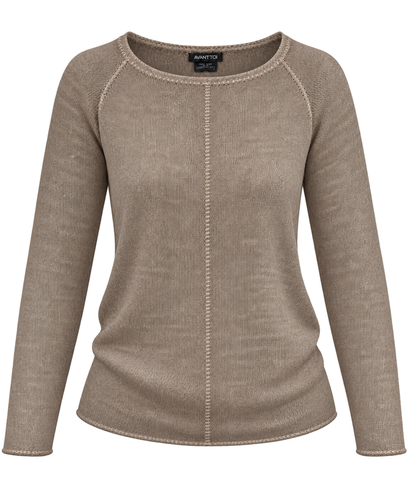 Front product view of Avant Toi Maglia Pullover in Taupe showing the boatneck and contrast stitching