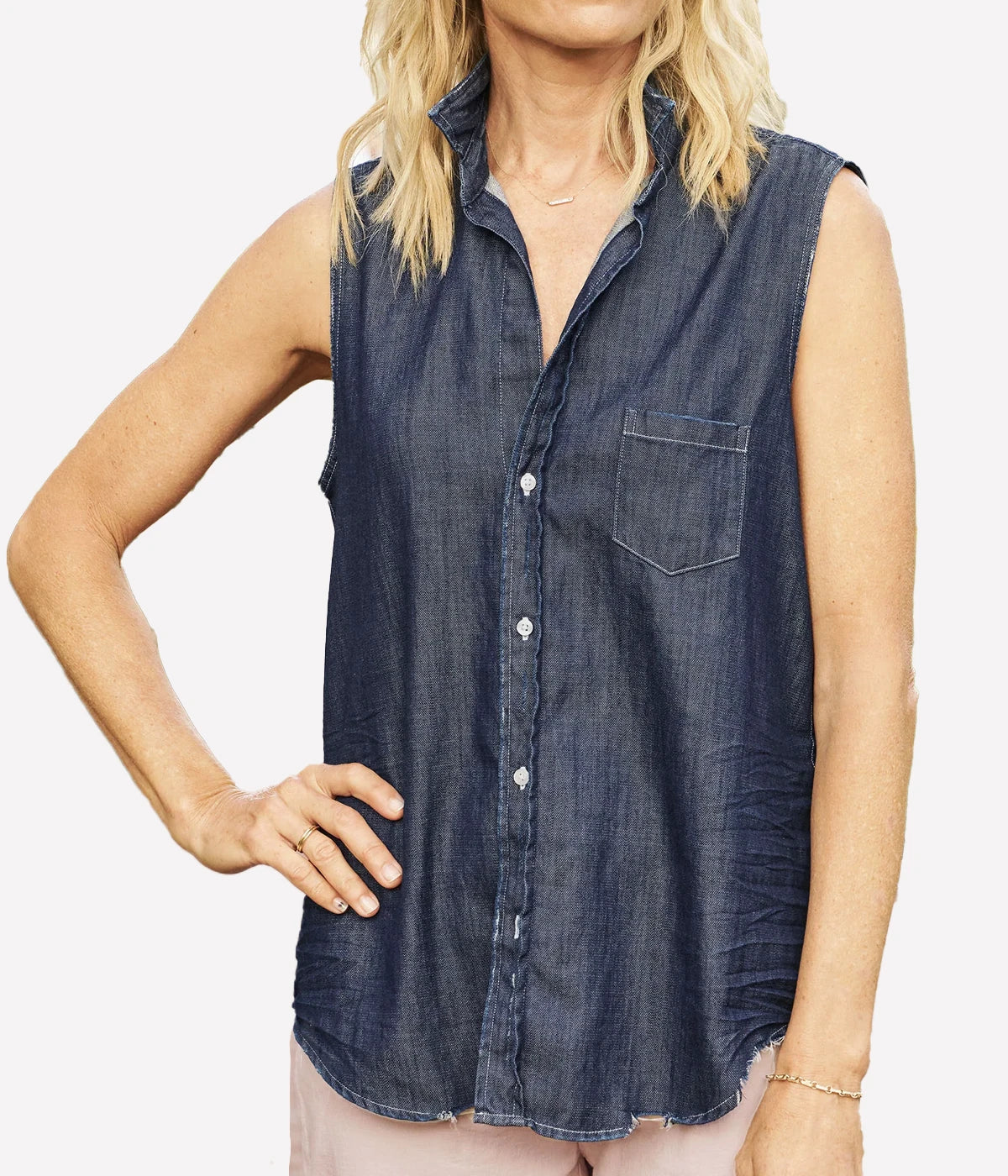Fiona Woven Button Up in Distressed Rinsed Denim