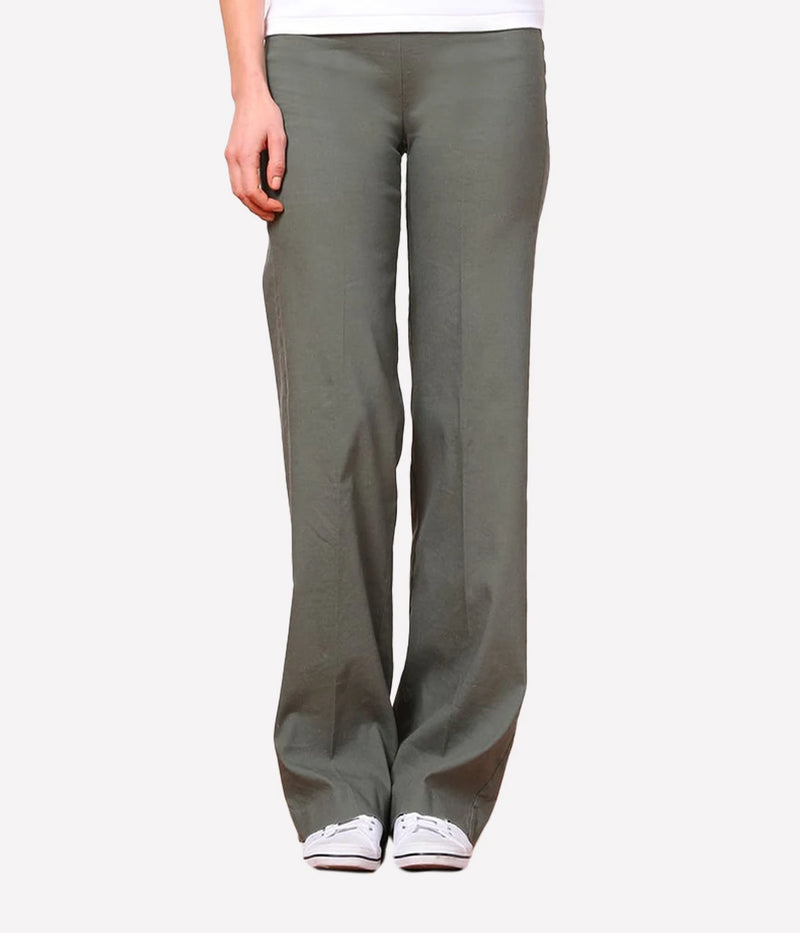 Loose-fitting olive green linen pants with a relaxed silhouette, featuring a high-rise waist and wide legs. 