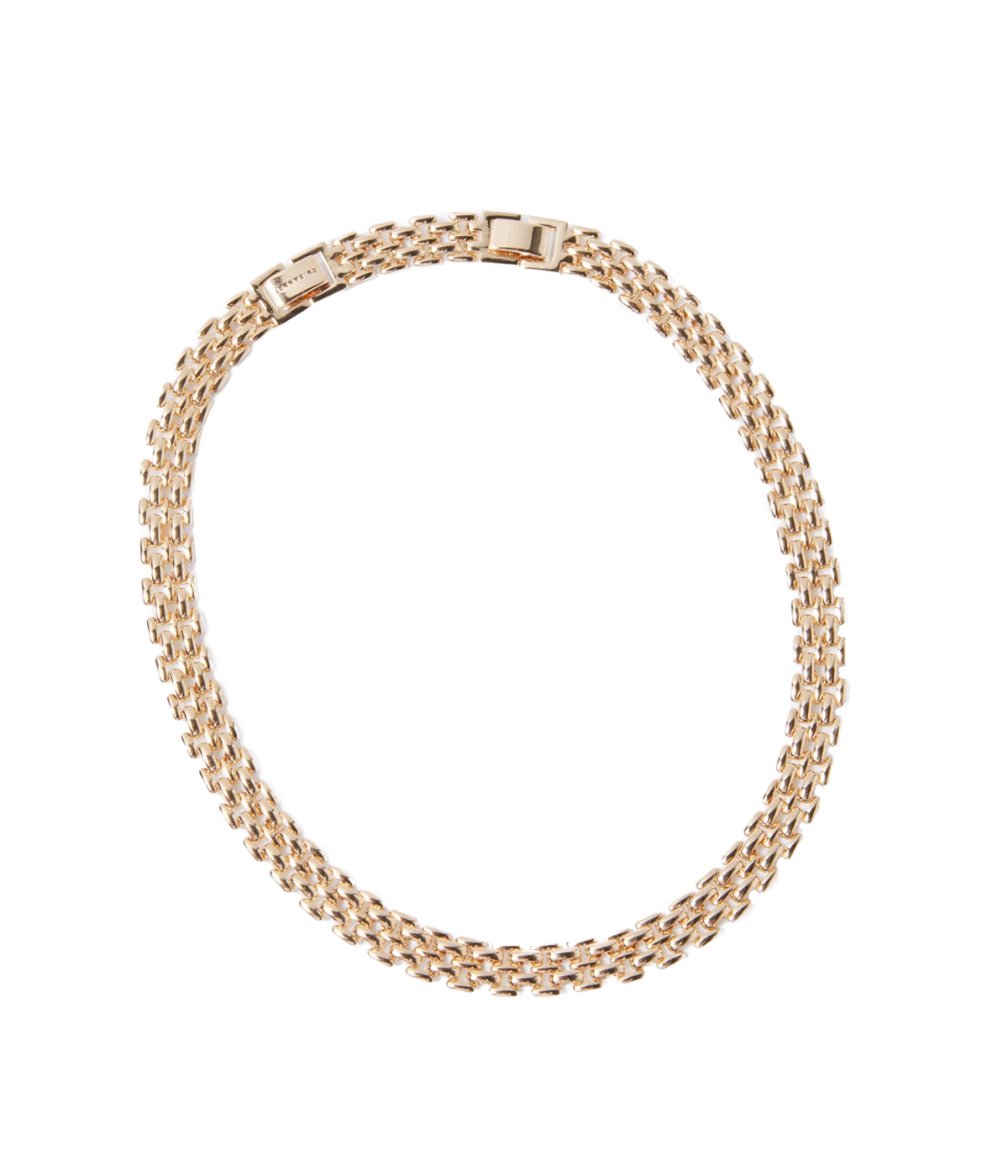 ALT text: High-polish gold mesh choker with watchband-inspired links, featuring an adjustable clasp for a comfortable and stylish fit.