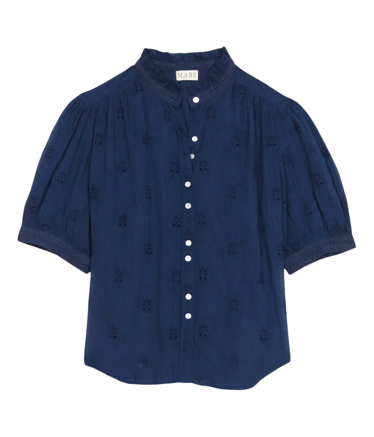M.A.B.E Frani Embroidered Short Sleeve Top in Indigo – flat lay