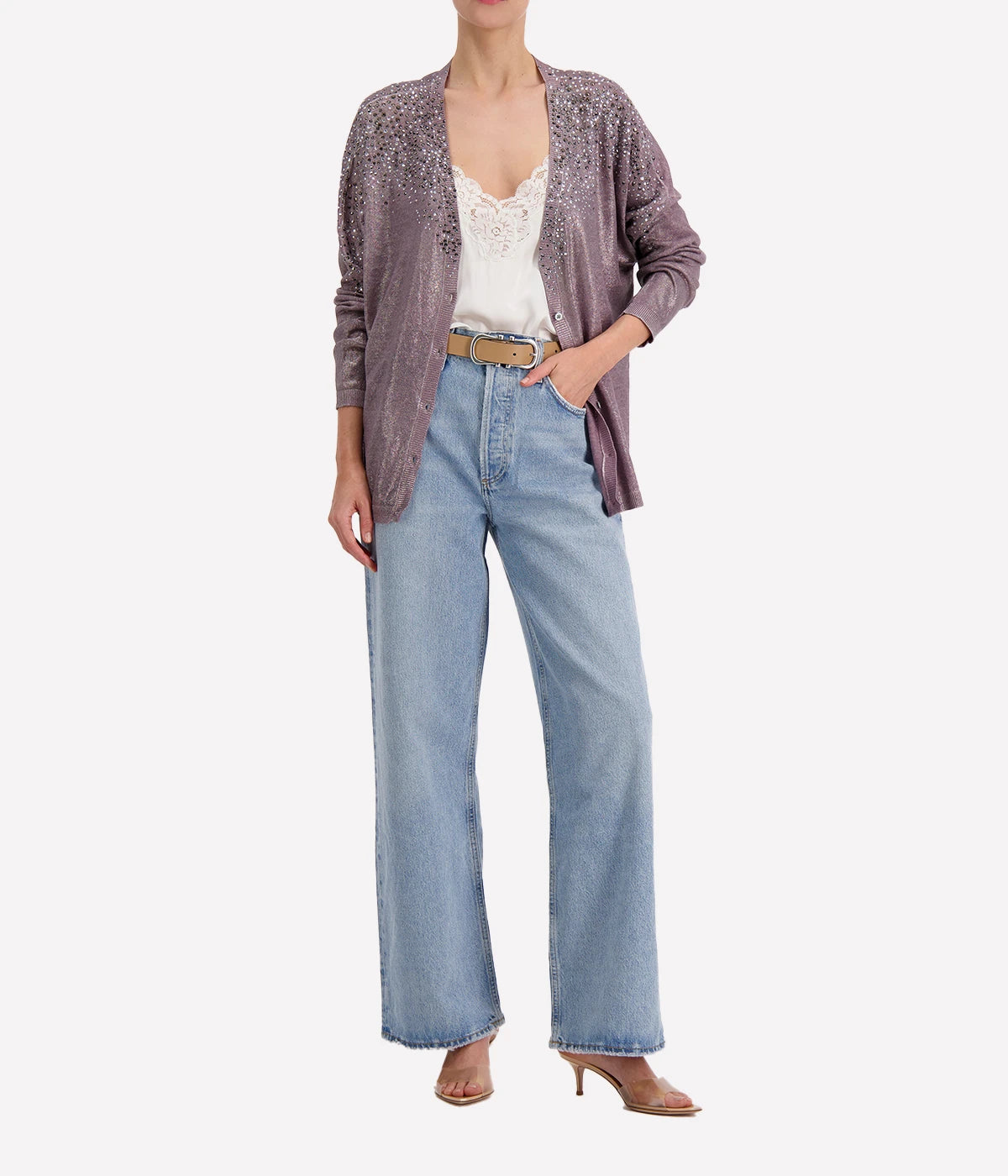 Linen Cardigan with Lamination in Lavendar