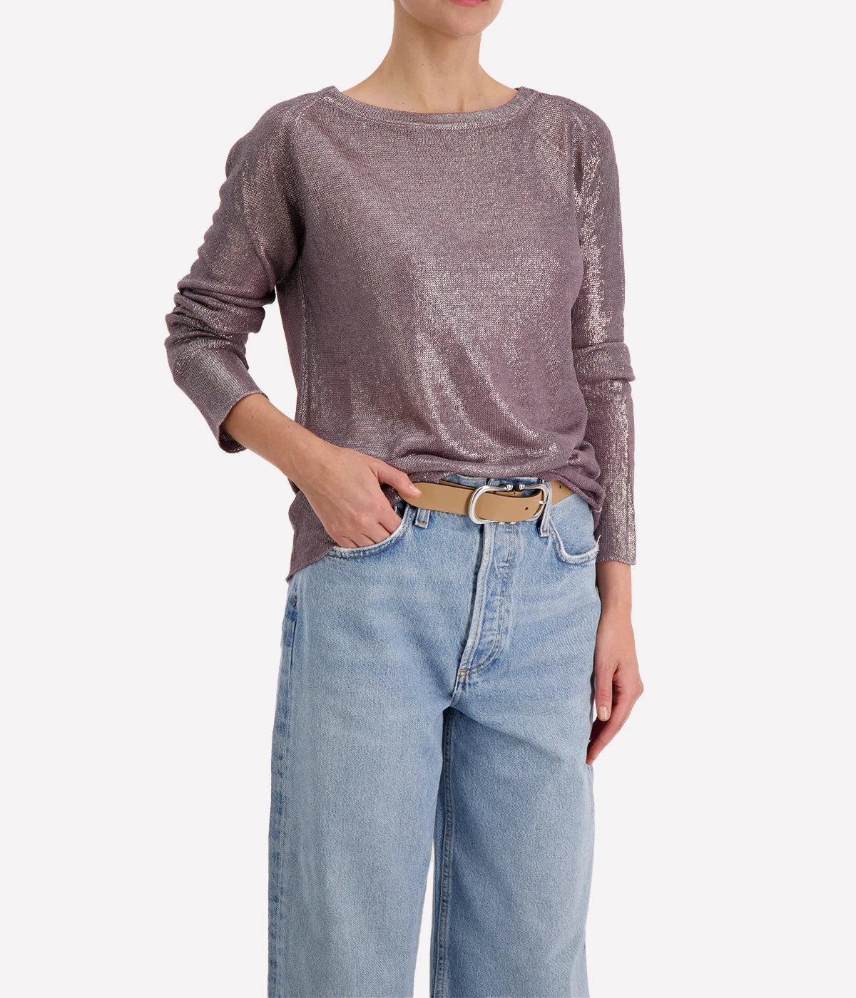 Boat Neck Linen Pullover w Lamination in Lavender