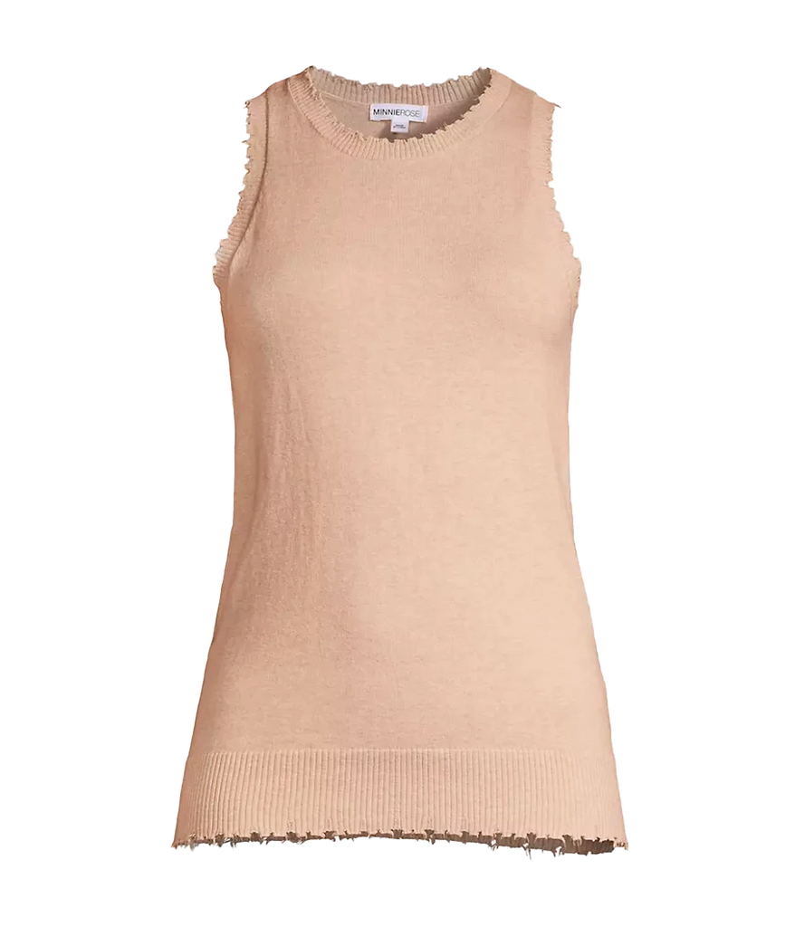  A elevated basic everyday tank in a muted brown, featuring 100% cotton, high neckline and frayed edge detailing. Everyday tank, comfortable, throw on and go, bra friendly, everyday basic, made internationally. 