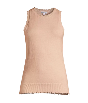  A elevated basic everyday tank in a muted brown, featuring 100% cotton, high neckline and frayed edge detailing. Everyday tank, comfortable, throw on and go, bra friendly, everyday basic, made internationally. 
