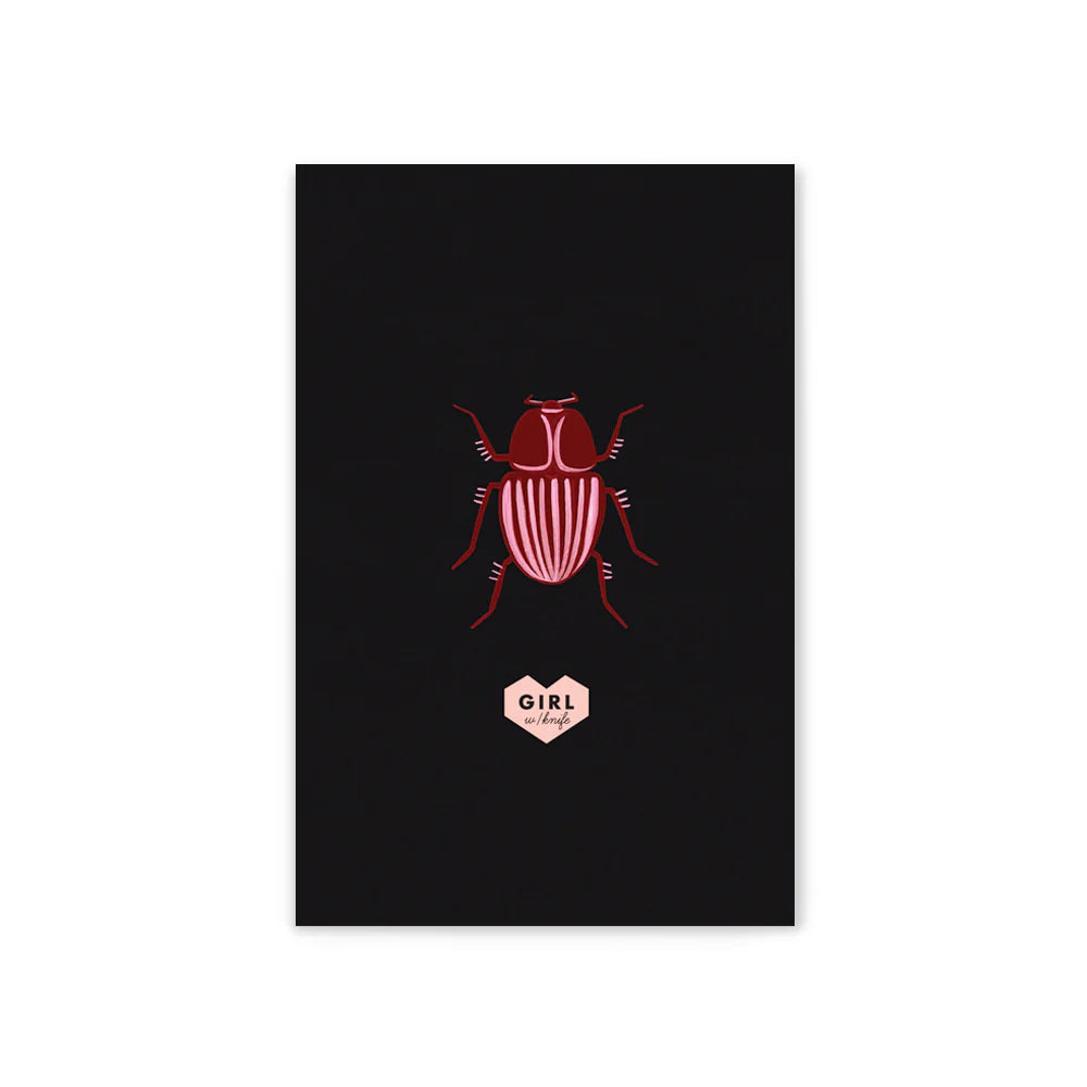 Mini notepad with a bold snake and beetle design on the cover, featuring compact dimensions and bright pink tear-off pages for stylish note-taking.
