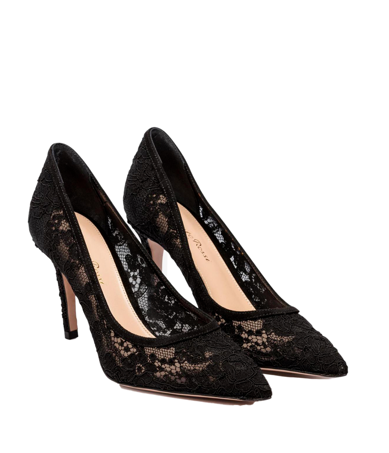 ALT Text for Images:
Elegant black Gianvito Rossi pumps with a delicate lace upper, leather interior, and an 8.5 cm heel, perfect for formal and chic occasions.