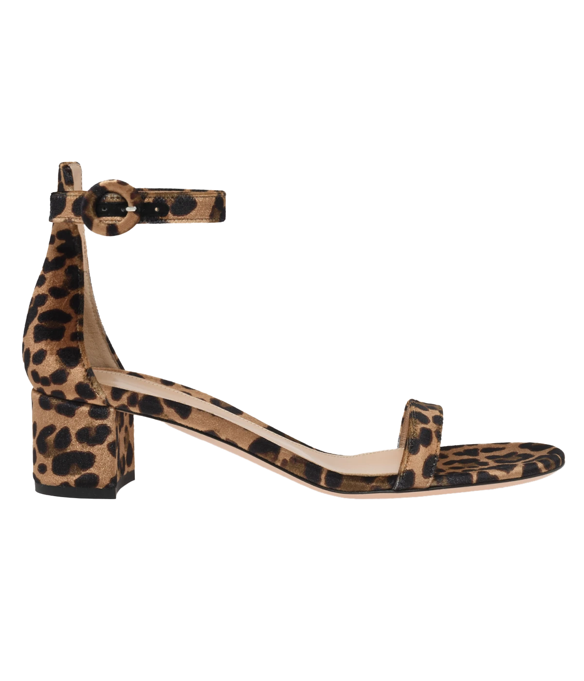 ALT text: Gaeta 45 round toe sandal in leopard-printed velvet with a 45mm block heel and embellished ankle strap, handmade in Italy.