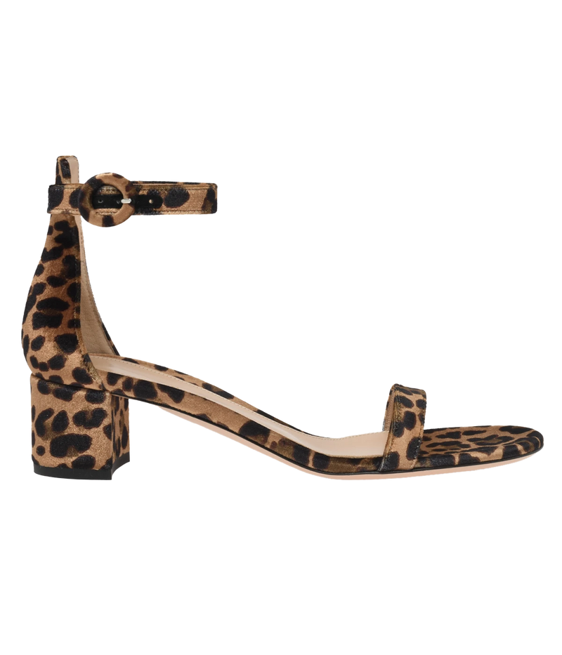 ALT text: Gaeta 45 round toe sandal in leopard-printed velvet with a 45mm block heel and embellished ankle strap, handmade in Italy.