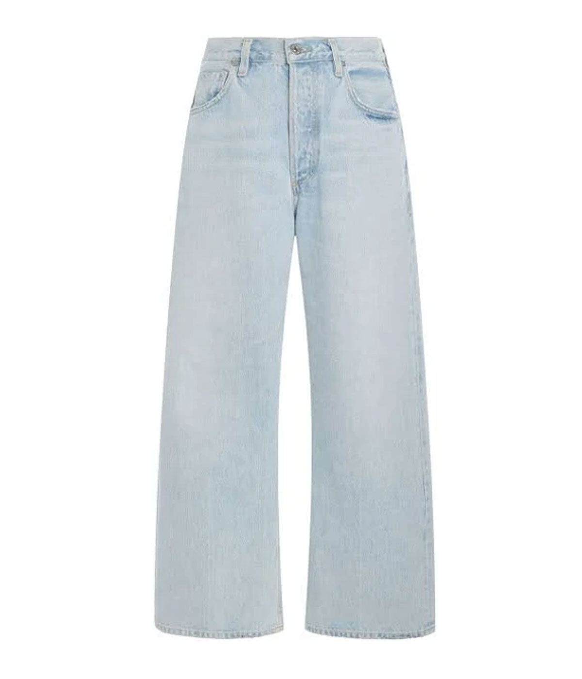 ALT Text: Vintage-inspired high-rise jeans with a relaxed fit and voluminous wide leg in light indigo denim.