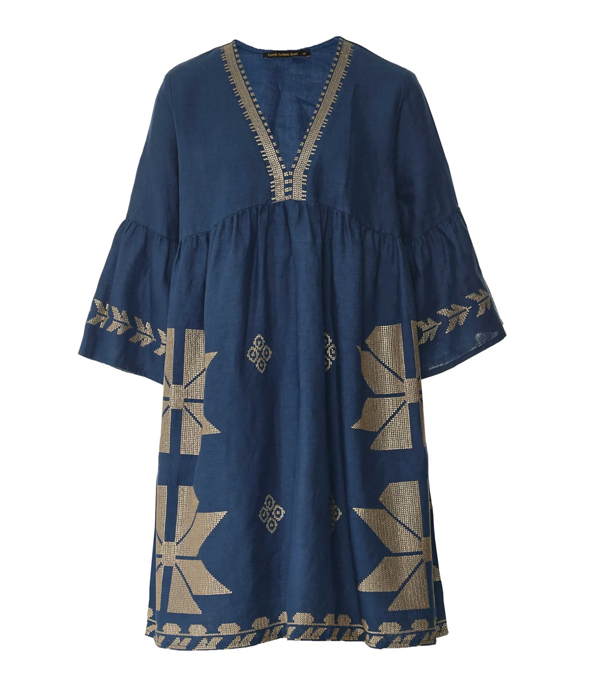 Short Aeolis Bell Sleeve Dress in Navy Blue Gold