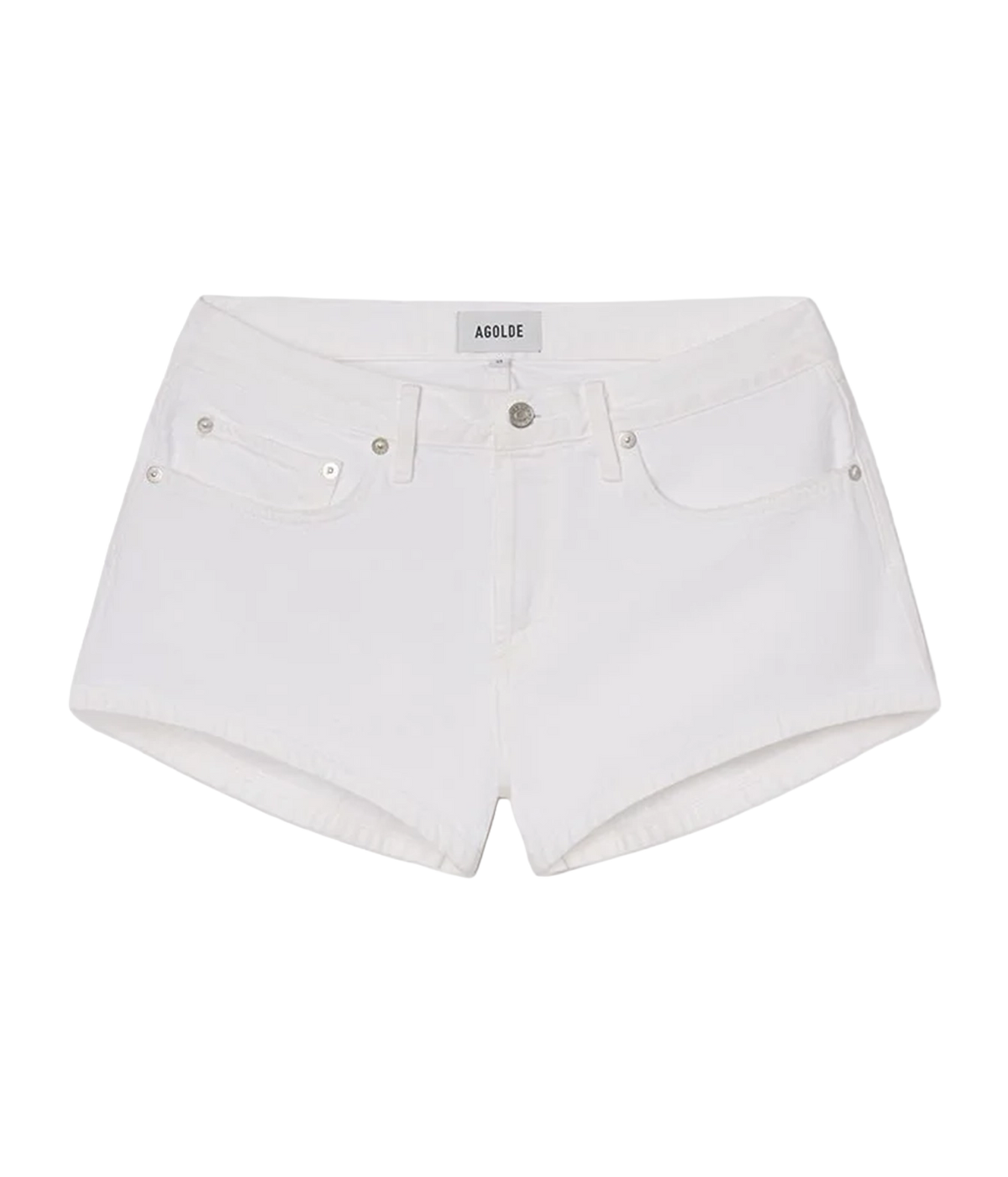 Agolde Low Rise Parker Short in Marshmallow laid flat, showing the low-rise waist, five-pocket design, button fly and short length