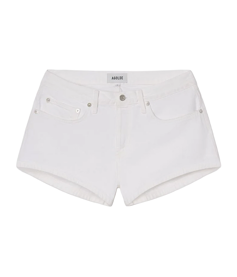 Agolde Low Rise Parker Short in Marshmallow laid flat, showing the low-rise waist, five-pocket design, button fly and short length