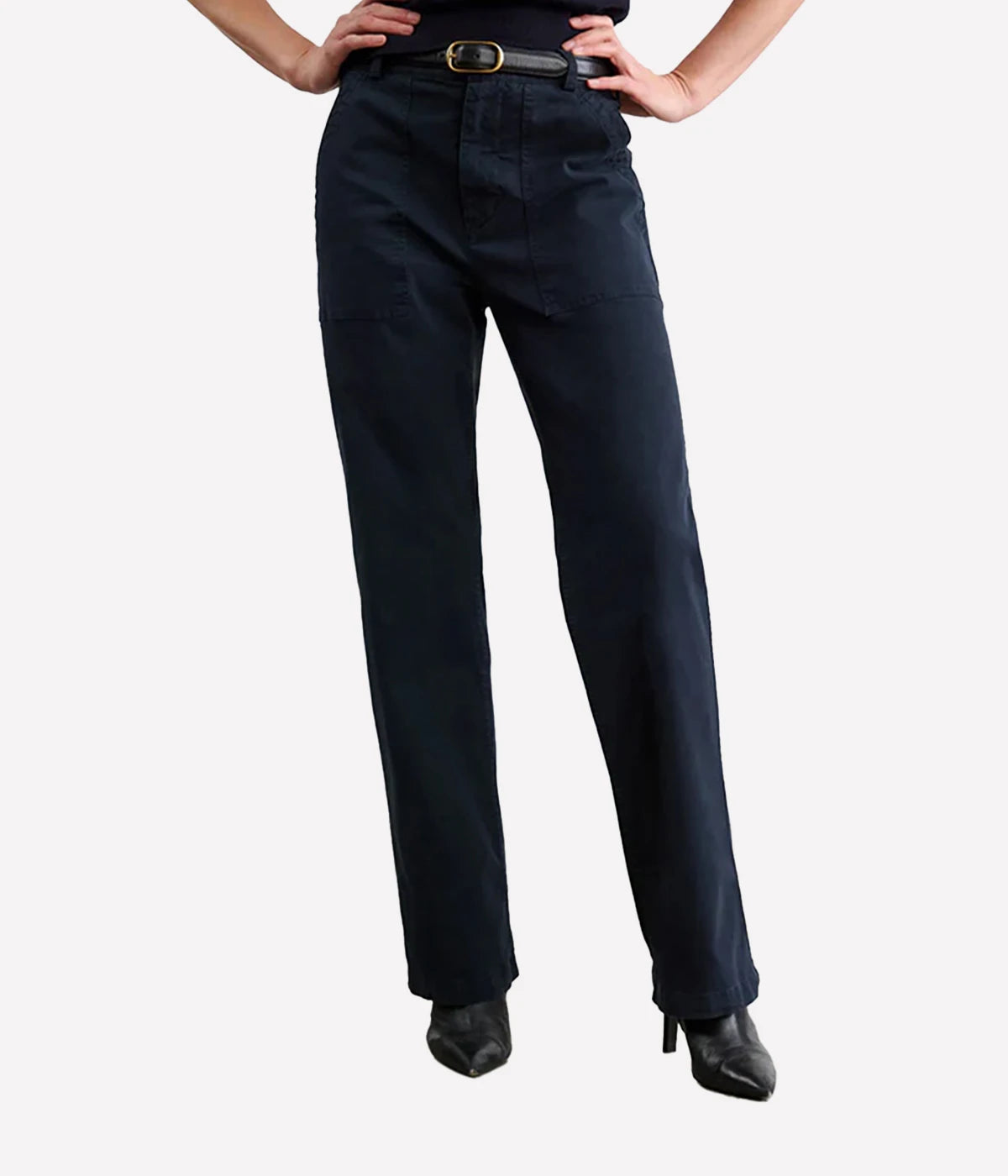 ALT Text: Midnight blue straight-leg pants with a relaxed fit and mid-rise design, perfect for versatile styling.