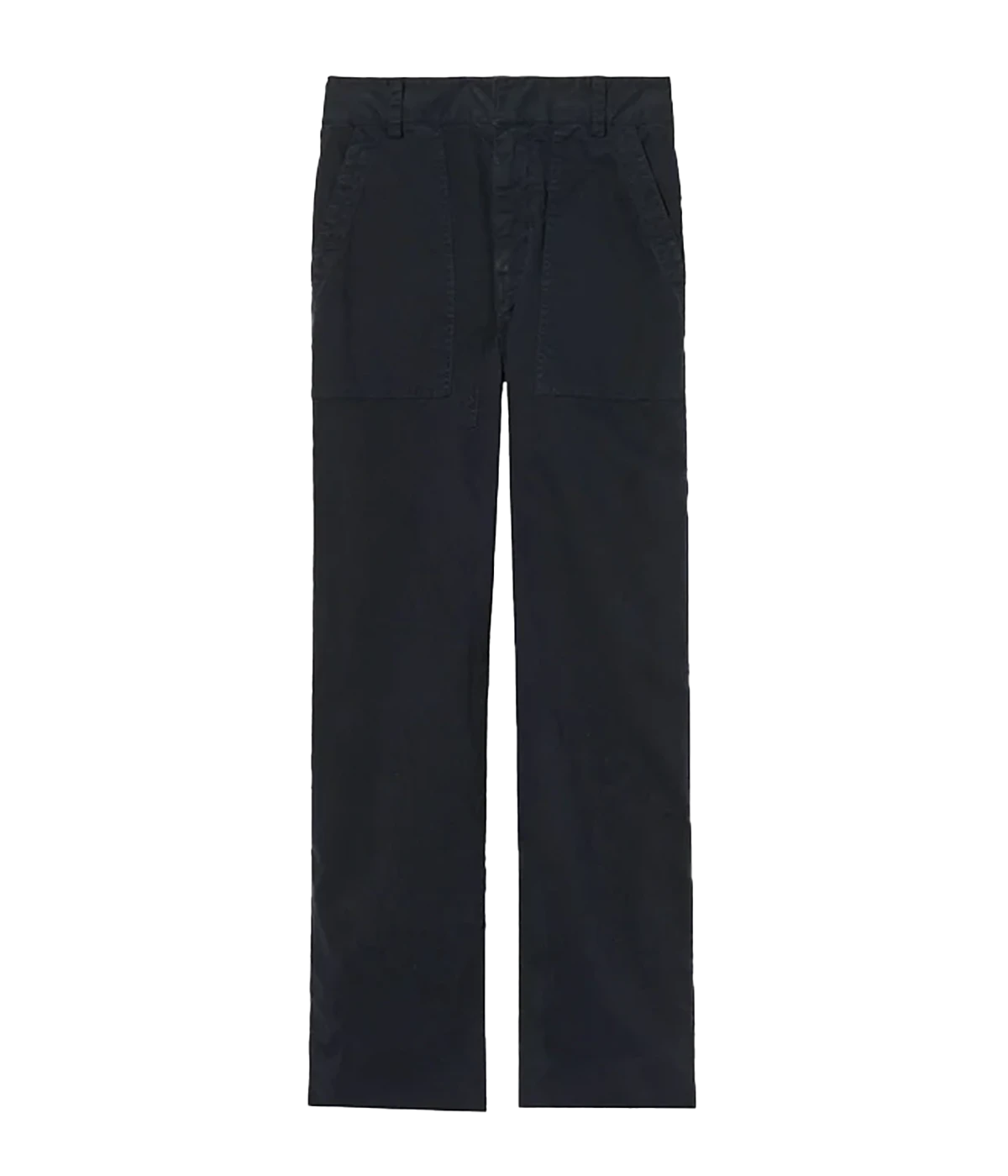 ALT Text: Midnight blue straight-leg pants with a relaxed fit and mid-rise design, perfect for versatile styling.