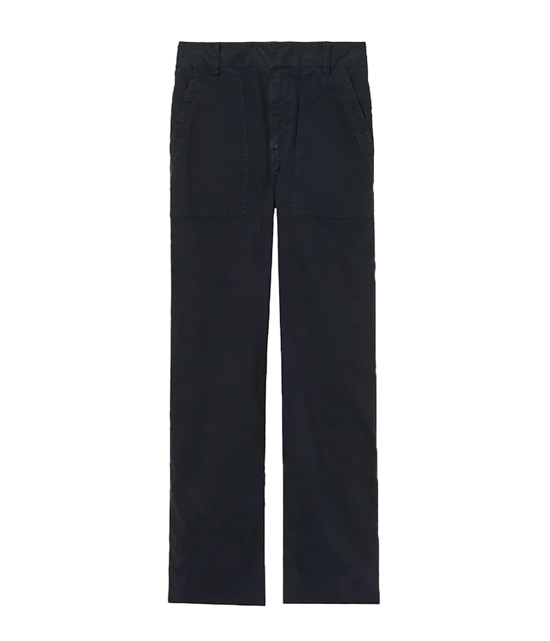 ALT Text: Midnight blue straight-leg pants with a relaxed fit and mid-rise design, perfect for versatile styling.