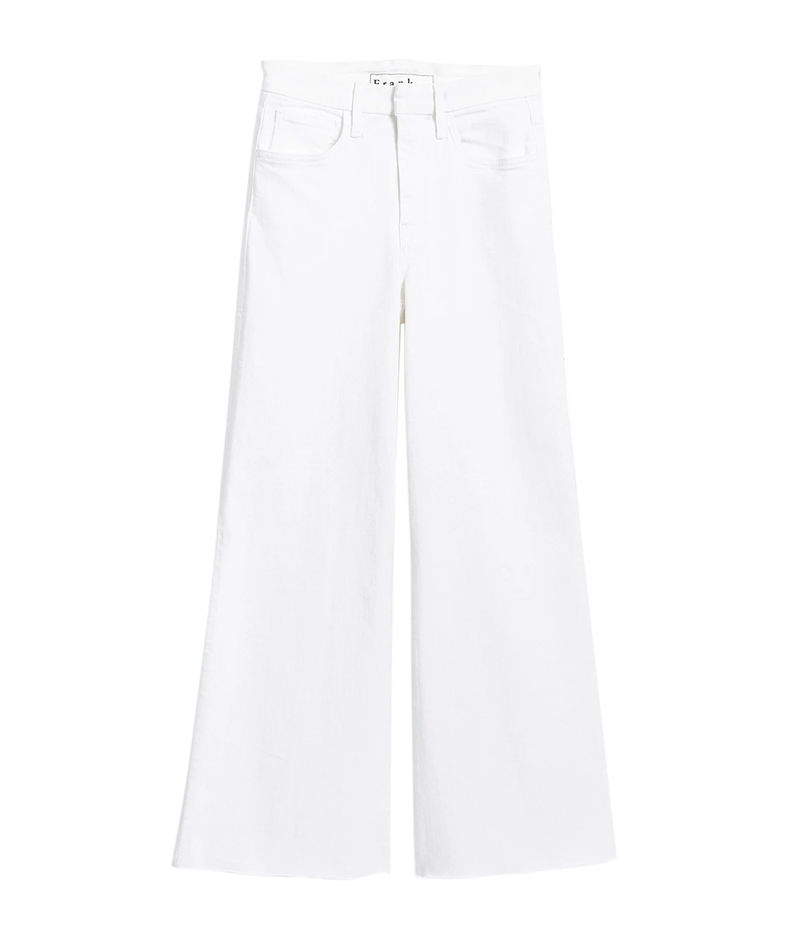 ALT Text: Frank &amp; Eileen Galway Wide-Leg Jean in Italian Dream Denim with a cropped, hand-distressed raw hem, wide-leg fit, and elevated waistband.