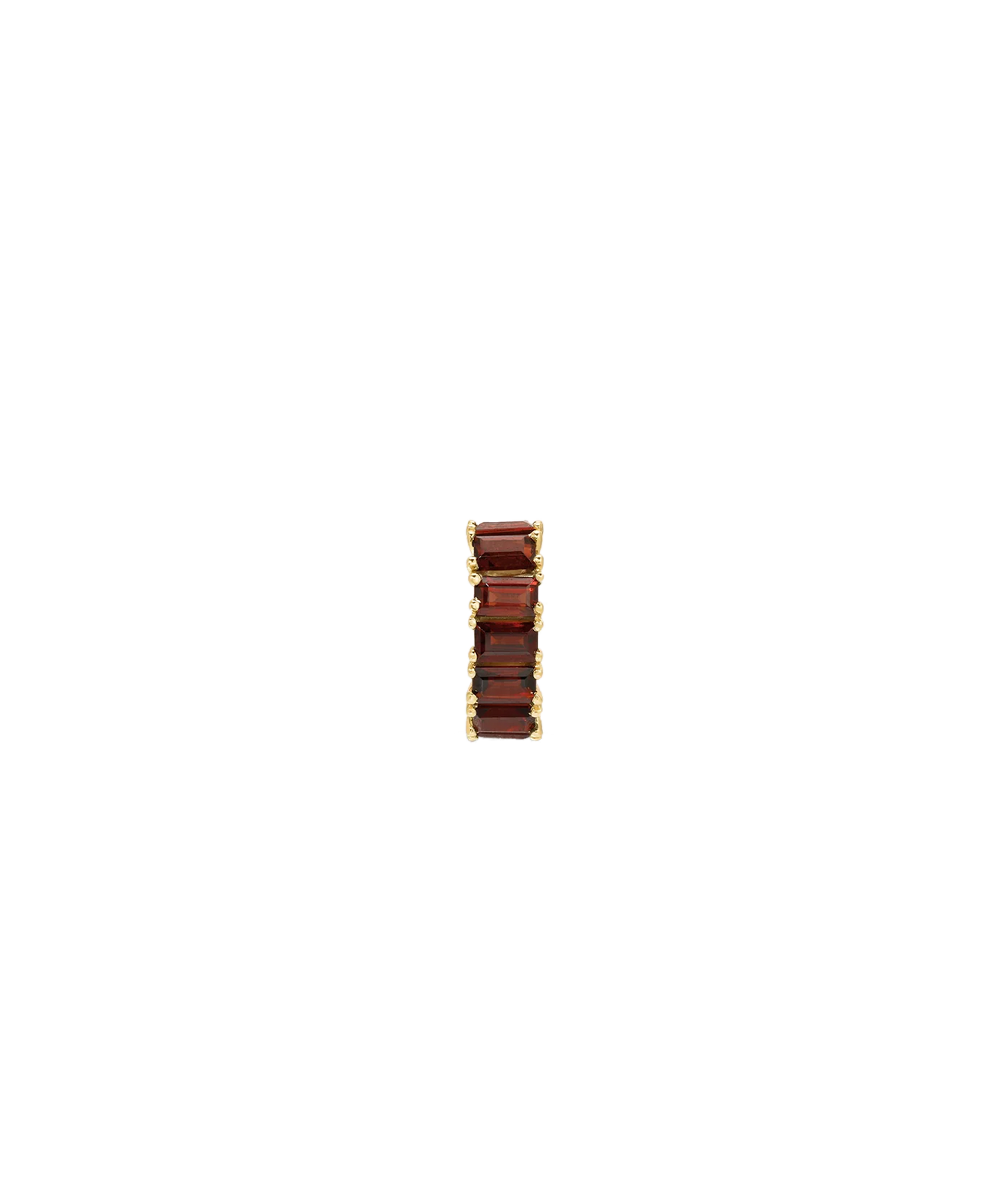 A slim gold ring featuring a vertical stack of rectangular reddish-brown gemstones, centered on a plain white background.