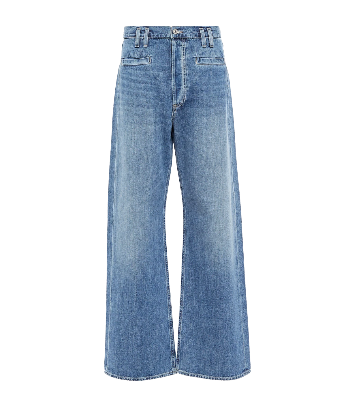 A medium blue wash elevated denim jean, with double  belt loop and front welt pocket detailing. Featuring a wide leg, clean hem, zip and button closure and 5 pockets. Elevated Jean, Everyday Jean, Vintage inspired jean, made in USA, comfortable, organic. 
