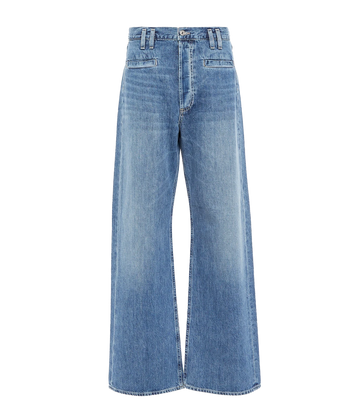 A medium blue wash elevated denim jean, with double  belt loop and front welt pocket detailing. Featuring a wide leg, clean hem, zip and button closure and 5 pockets. Elevated Jean, Everyday Jean, Vintage inspired jean, made in USA, comfortable, organic. 