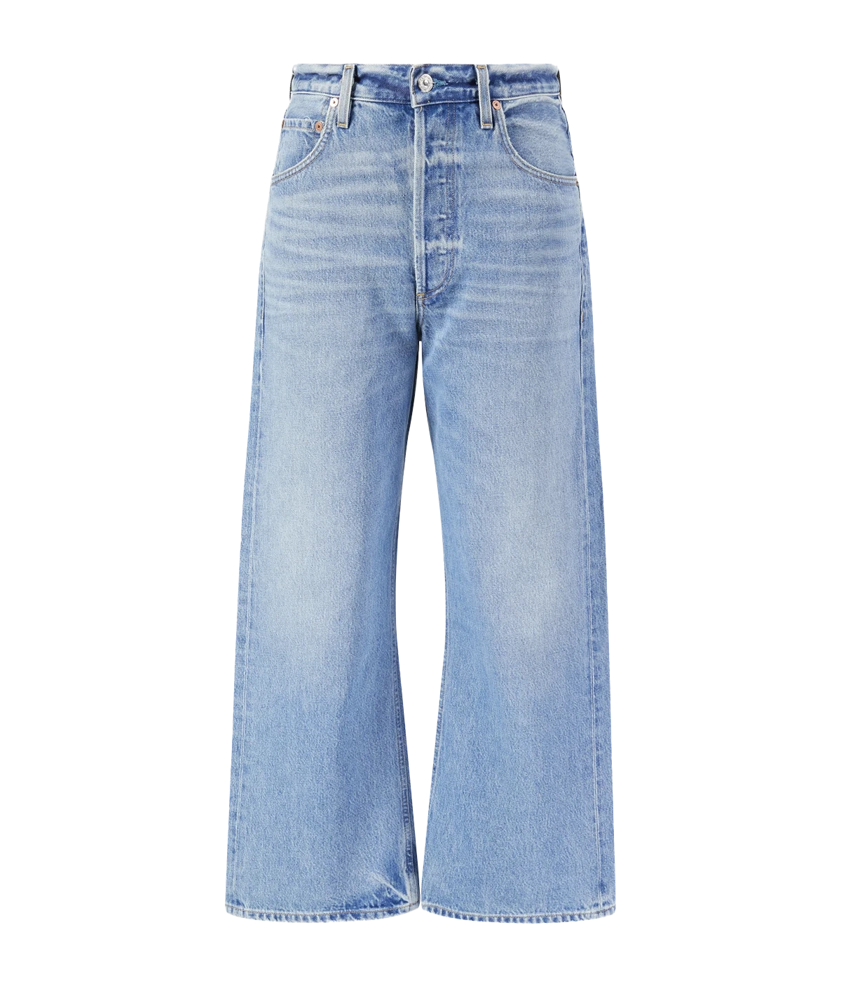 A light blue washed elevated denim jean, Featuring a wide leg, horse shoe jean clean hem, zip and button closure and 5 pockets. Elevated Jean, Everyday Jean, Vintage inspired jean, made in USA, comfortable, organic. 