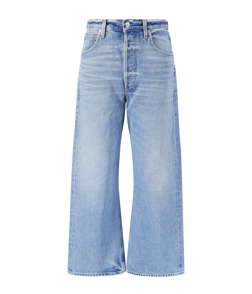 A light blue washed elevated denim jean, Featuring a wide leg, horse shoe jean clean hem, zip and button closure and 5 pockets. Elevated Jean, Everyday Jean, Vintage inspired jean, made in USA, comfortable, organic. 