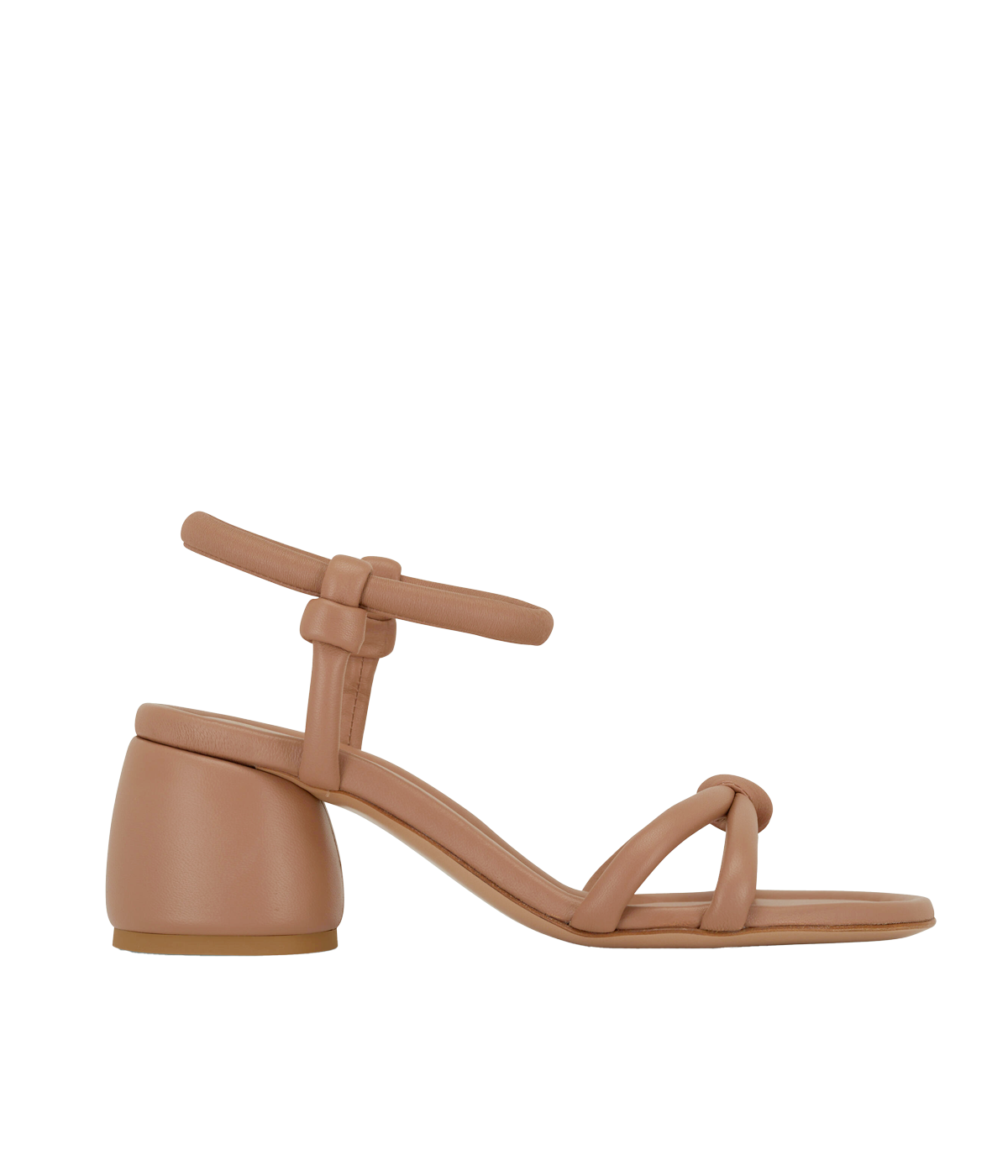 Neutral knotted leather sandal set on a chunky 65mm heel. Enjoy comfort and everyday wear in this bestselling Gianvito Rossi style.