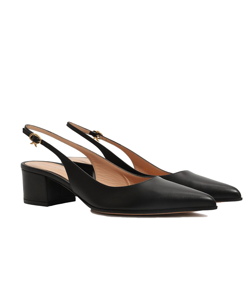 ALT Text: Gianvito Rossi Piper slingback pumps in black leather with a pointed toe, block heel, and gold-tone buckle fastening.