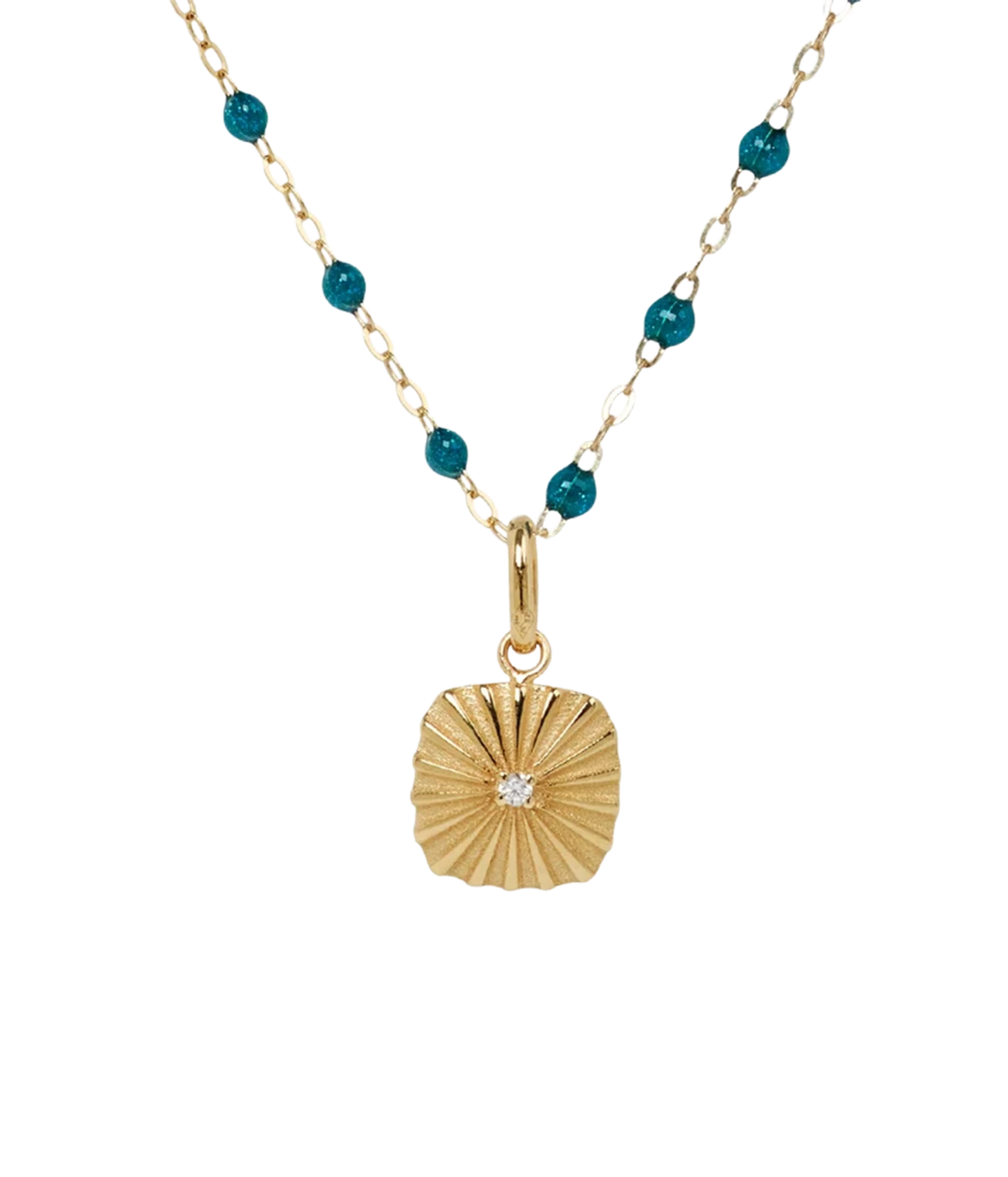 gigiCLOZEAU Miss Lumiere Diamond Pendant hanging from a fine chain with deep teal beads, showing the diamond at the centre of the gold square