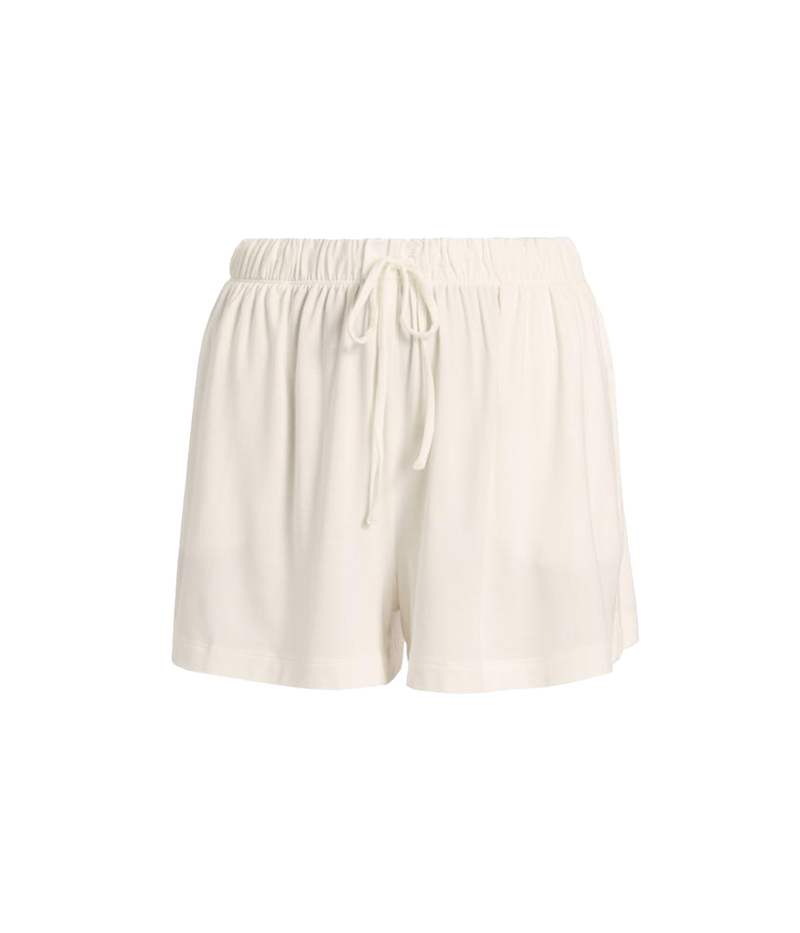 ALT text: Soft TENCEL™ Modal mid-rise relaxed shorts with an elastic waistband, drawstring tie, side pockets, and side slits, styled for ultimate comfort.