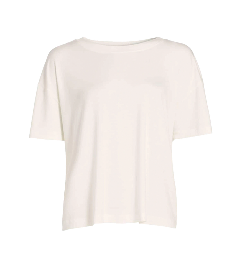 ALT text: Soft TENCEL™ Modal T-shirt with an open neck, short sleeves, and dropped shoulders, styled for casual comfort and everyday wear.