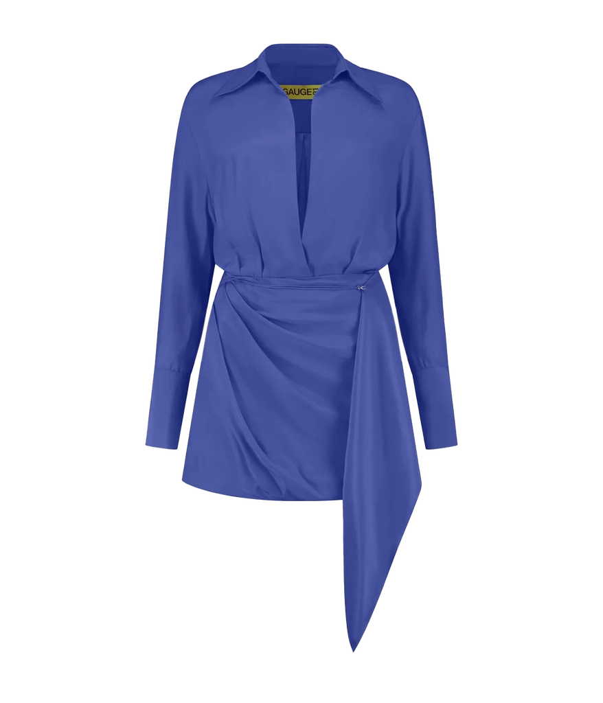  A sexy and sophisticated date night dress made form 100% silk featuring a purple colourway, shirt dress style, long sleeves, wrap front detail, open deep v neckline, panel hooked over front and wrap detail. 100% silk, made in Amsterdam, date night dress, bra friendly, comfortable.   