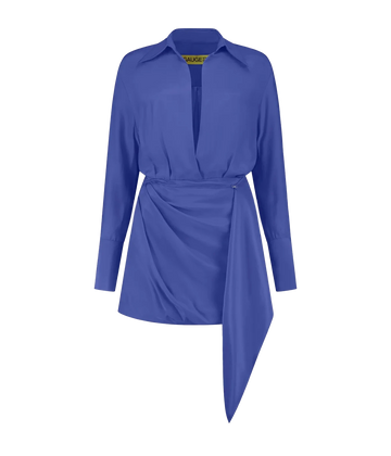  A sexy and sophisticated date night dress made form 100% silk featuring a purple colourway, shirt dress style, long sleeves, wrap front detail, open deep v neckline, panel hooked over front and wrap detail. 100% silk, made in Amsterdam, date night dress, bra friendly, comfortable.   