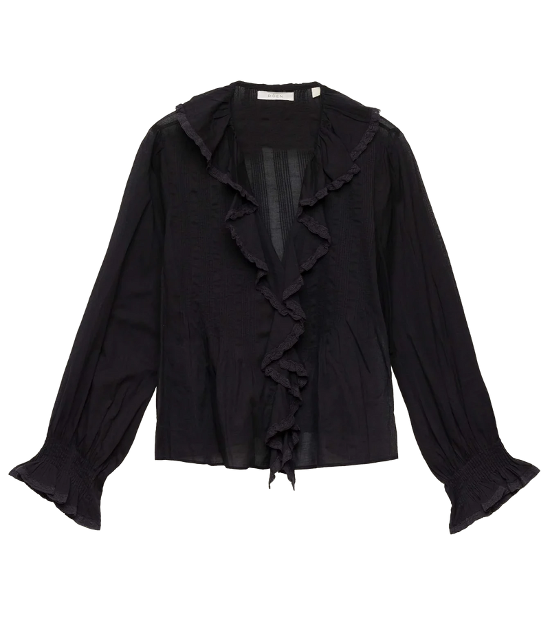 A black long-sleeve blouse with a ruffled collar, ruffled front trim, and gathered elastic cuffs, shown flat against a white background.
