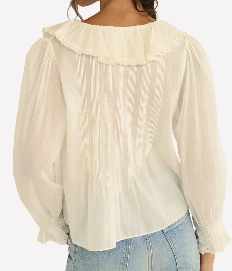 A woman wearing a cream-colored long-sleeve blouse with a ruffled collar and pleated back, paired with light blue jeans, shown from the back against a plain white background.