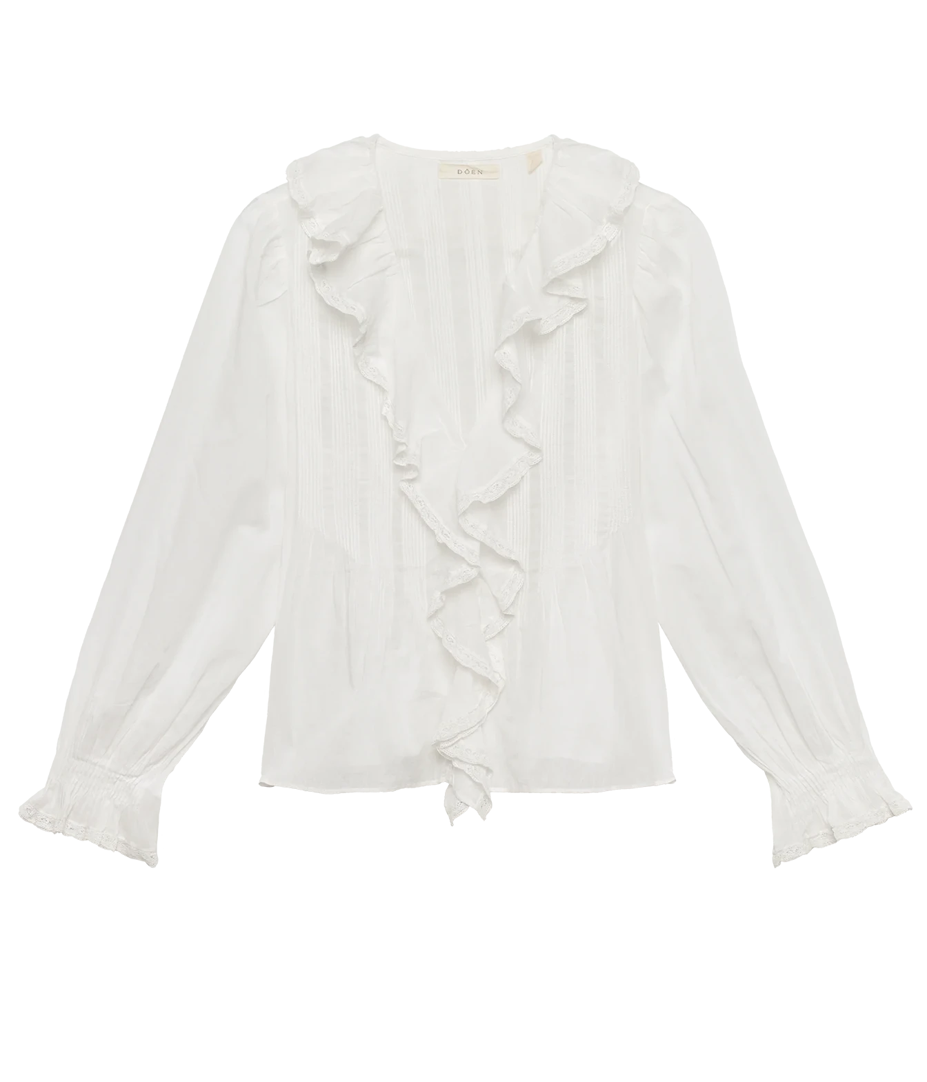 A white long-sleeve blouse with a ruffled collar, vertical ruffle detail down the front, and ruffled cuffs, shown flat against a white background.