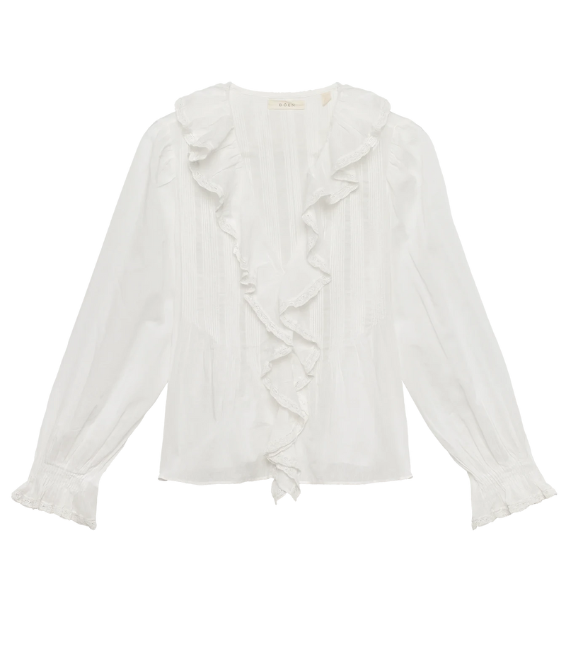A white long-sleeve blouse with a ruffled collar, vertical ruffle detail down the front, and ruffled cuffs, shown flat against a white background.