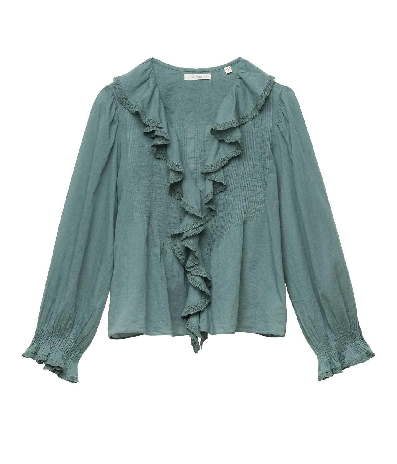 A sage green long-sleeve blouse with a ruffled collar, ruffle trim down the front, and smocked cuffs, shown against a plain white background.